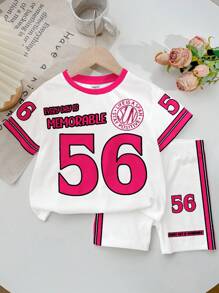 SHEIN Set 2 buc. Ținută sport casual pentru fete, cu numărul 56, imprimeu cu sloganul "Every Day Is Memorable", mâneci colorate, tricou cu mânecă scurtă și pantaloni scurți de ciclism, potrivită pentru vară, sport, fitness, ținute casual și ocazii sociale. - Multicolor - Vizualizare 2
