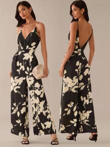 Lilora 秋冬季优雅都市休闲约会装：黑白花卉印花露背吊带连体裤，V领，无袖，露背，收腰，阔腿设计，尽显妩媚风情。适合商务、复古、派对、度假、外出、老钱、舞会、情人节、邮轮旅行、通勤、层次丰富的穿搭、约会之夜、聚会、极简主义、生日、正式场合、伊比沙岛、纳什维尔、假期、休闲、得体、时尚、休闲、购物、街头风、外出等场合。 - 黑與白 - 查看 1
