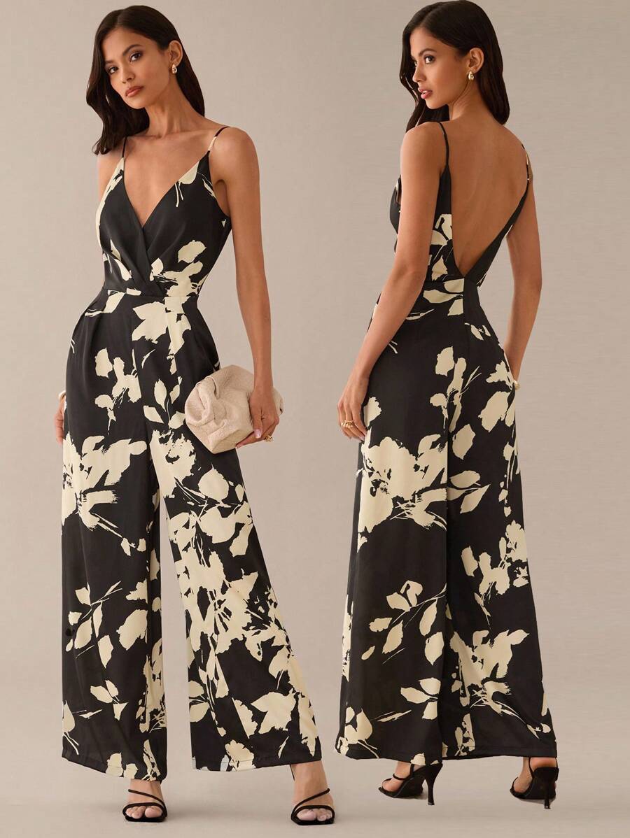 Lilora 秋冬季优雅都市休闲约会装：黑白花卉印花露背吊带连体裤，V领，无袖，露背，收腰，阔腿设计，尽显妩媚风情。适合商务、复古、派对、度假、外出、老钱、舞会、情人节、邮轮旅行、通勤、层次丰富的穿搭、约会之夜、聚会、极简主义、生日、正式场合、伊比沙岛、纳什维尔、假期、休闲、得体、时尚、休闲、购物、街头风、外出等场合。 - 黑與白 - 查看 1