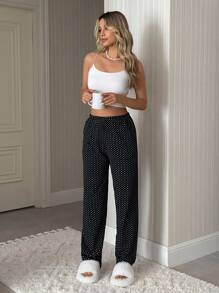 Pantalón de pijama de algodón para mujer con estampado a lunares de color contrastante