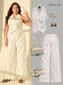 SHEIN MOD Plus Size 2 Pieces Set : White Lace Patchwork Apricot Vest And Long Pants, Elegant For Commuting And Everyday Wear,Teacher Outfits For Women,Back To School Clothes - Apricot - View 1
