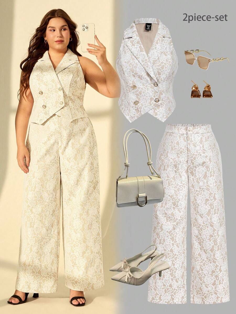 SHEIN MOD Plus Size 2 Pieces Set : White Lace Patchwork Apricot Vest And Long Pants, Elegant For Commuting And Everyday Wear,Teacher Outfits For Women,Back To School Clothes - Apricot - View 1