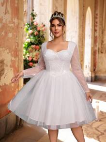 SHEIN Belle Plus Size Summer And Autumn Elegant Romantic Gorgeous White Sequins Embroidery Splicing Mesh Sweetheart Neck See-Through Long Sleeves Splicing Puffy Skirt Suitable For Dinner Bachelorette Party Dating Dance Vacation Graduation Season Homecoming Season Birthday Wedding Event Bride Gift Dress Guest Dress All White Party Outfit Women