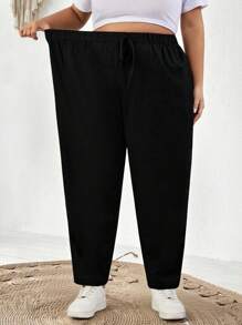 SHEIN CURVE+ Plus Size Women's Solid Color Casual Elastic Waist Capri Pants With Pockets Summer Pants,Business Casual Woman Plus Size Women Pants Curve Plus Size Pants 8xl Women Clothes 6xl Plus Womans Clothes,Fall Clothes For Womenfall Clothes For Women,Winter,CURVE PLUS Loose Pants For Women Women Pants Casual Plus Size Summer Pants - Black - View 5
