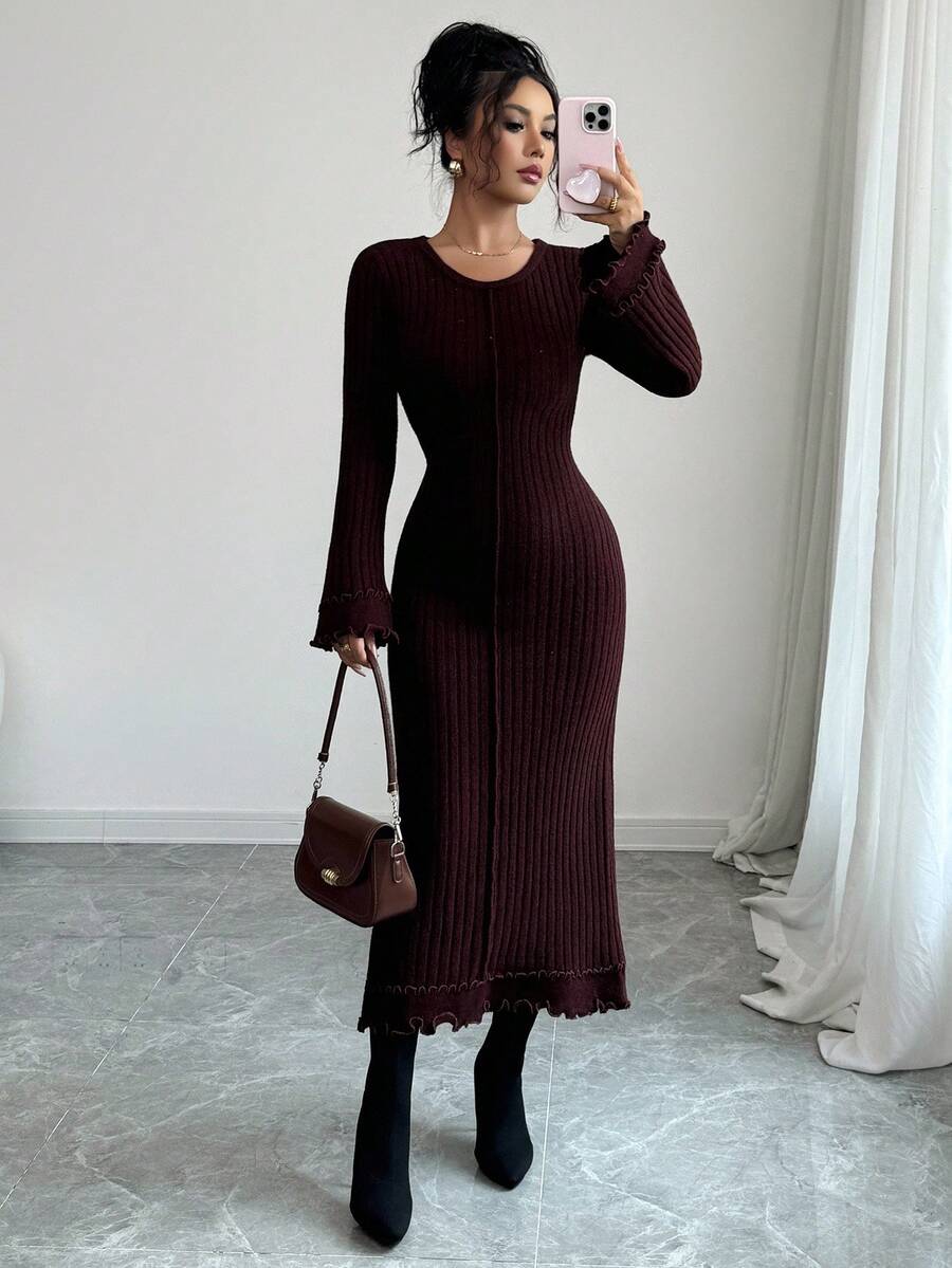 Selianne Váy len tay loe viền bèo nhún dệt kim màu đỏ tía thanh lịch dành cho nữ, tạo nên bầu không khí nhẹ nhàng và lãng mạn - màu nâu - Xem 1