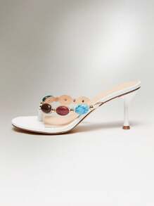 SHUZIA 女士宝石装饰细高跟日常复古性感沙滩优雅 PU 白色高跟凉鞋 - 白色 - 查看 4