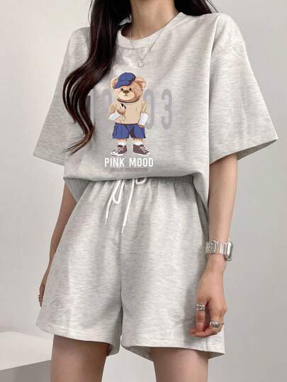 DAZY 女士卡通印花圆领宽松T恤和短裤两件套运动服套装，春夏休闲家居服套装，女士短裤套装