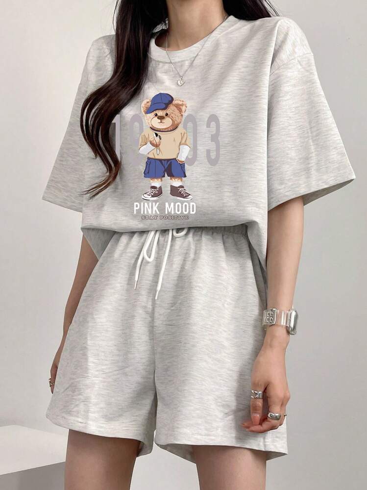DAZY Women's Cartoon Print Round Neck Loose T-Shirt And Shorts 2 Pieces Sportswear Set, Casual For Spring/Summer Lounge Sets For Women - Grey - View 2