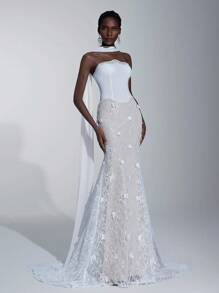 SHEIN Belle Elegant Luxurious Lace Splice Elastic Knit Mermaid Skirt With Trailing Halter Neck, Suitable For Weddings, Parties, Vacations, Balls, Honeymoons, Bridal Gowns - Beige - View 2