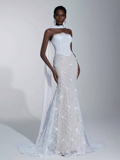 SHEIN Belle Elegant Luxurious Lace Splice Elastic Knit Mermaid Skirt With Trailing Halter Neck, Suitable For Weddings, Parties, Vacations, Balls, Honeymoons, Bridal Gowns