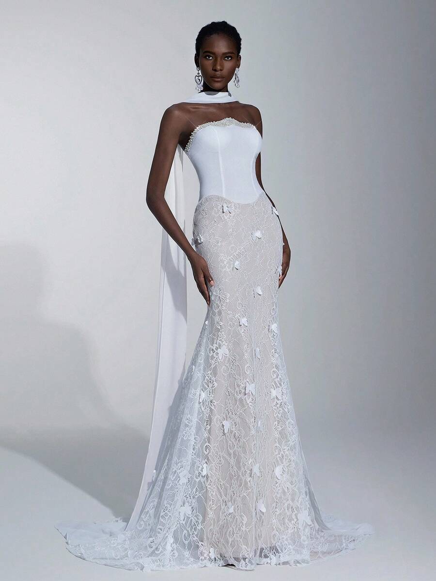 SHEIN Belle Elegant Luxurious Lace Splice Elastic Knit Mermaid Skirt With Trailing Halter Neck, Suitable For Weddings, Parties, Vacations, Balls, Honeymoons, Bridal Gowns