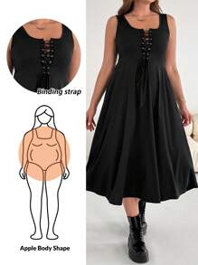 SHEIN Essnce Plus-Size Women's Casual Dress, Sun Dress, Mid-Length Inner Dress For Autumn, Lace-Up Dress, Casual Women's Clothing, Summer New Fashion Casual Chest Cross Strap U-Neck Vest A-Line Hem Dress