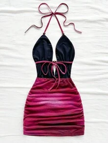 Soleia Đầm ôm sát cơ thể xếp ly cổ chữ V sâu in họa tiết trừu tượng phong cách cổ điển dành cho nữ, trang phục thời trang mùa hè gợi cảm cho tiệc tùng, hẹn hò, trà chiều, kỳ nghỉ ở bãi biển - Nhiều màu - Xem 2