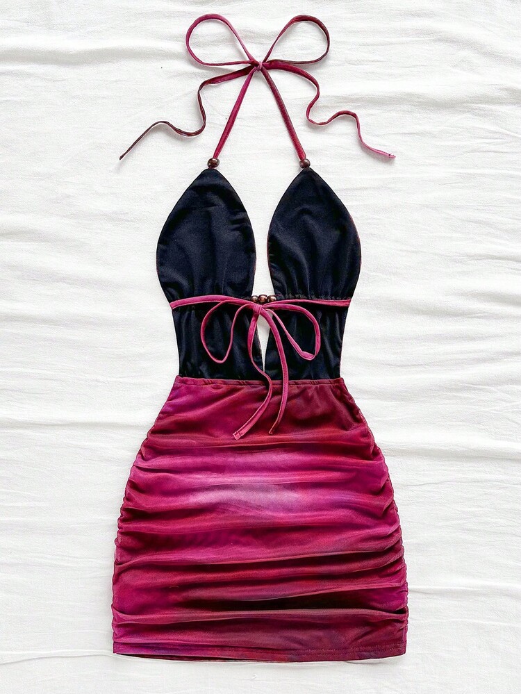 Soleia Women's Retro Tie-Dye Abstract Print Deep V-Neck Halter Backless Ruched Bodycon Mini Dress,Burgundy,Summer,Techno,No Chest Padding - Multicolor - View 2