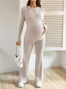 SHEIN 2 Pieces Maternity Apricot Solid Round Neck Raglan Sleeve Ribbed Casual Tops And Flared Pants Set Maternity Two Piece Set Ribbed Two Piece Set Autumn Women Clothing  Beige  Fall - Khaki - View 7
