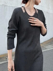 FRIFUL Women's Casual Commuter Solid Color Dress Long Sleeve Dress Ribbed Dress Knit Dress Women Dress Jumper Dress