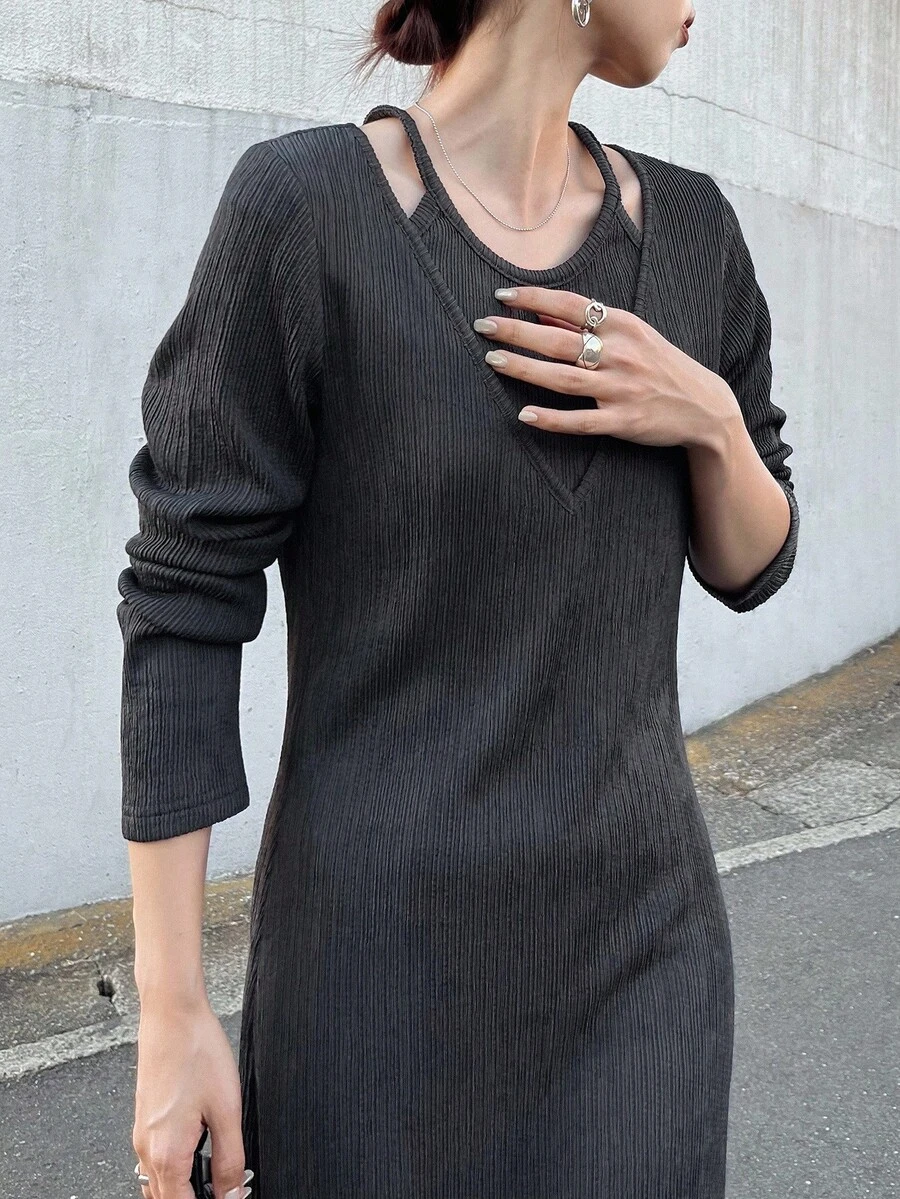 FRIFUL Women's Casual Commuter Solid Color Dress Long Sleeve Dress Ribbed Dress Knit Dress Women Dress Jumper Dress
