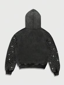 ROMWE MEN Goth Men's Letter & Cross Print Rhinestone Decor Drawstring Hoodie Sweatshirt , Fall