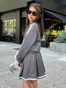 2pcs Tween Girls Knit Sweatshirt With Bowknot & Pleated Skirt Set, Cute Casual Daily Versatile Fashion Back To School Outfit, Autumn/Winter New Arrival - Grey - View 2
