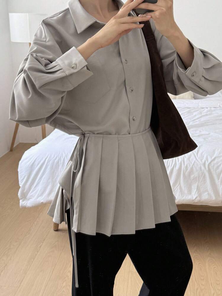 2pcs Women's Autumn Blouse Set With Ruffle Hem Long Sleeve Top
