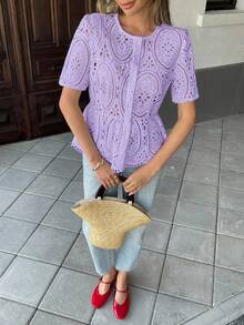 Pariaura 女款短袖上衣，刺繡花卉設計，泡泡袖，鏤空刺繡，春/夏 - 淡紫色 - 查看 3