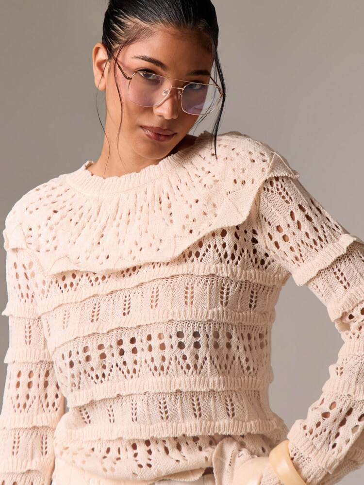 Crochet Knit Top With Ruffle Details And Long Sleeves