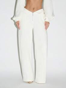 KIZN 前拉链翻折腰带阔腿裤高腰家居服阔腿裤秋冬系列正式休闲裤 - 白色 - 查看 2