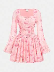 Girlism Teen Girls' Knitted French Ditsy Floral Square Collar Flare Sleeve Fitted Flare Dress, Elegant Fairy Dress, Princess Dress, Rose Print, Birthday Dress, Spring/Autumn Pink Dress Rose Print Dress Dress With Sleeves Floral Dress Pink Floral Dress Fall Winter - Pink - View 2