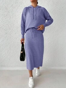 SHEIN Cottnline Ladies' Solid Color Drawstring Hooded Sweater And Knitted Skirt Two Piece Set - Lilac Purple - View 4