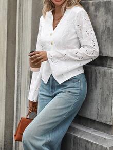 SHEIN Clasi Solid Color Versatile V-Neck Cuff Cardigan Long Sleeve Shirt Fall Cloth For Women - White - View 4