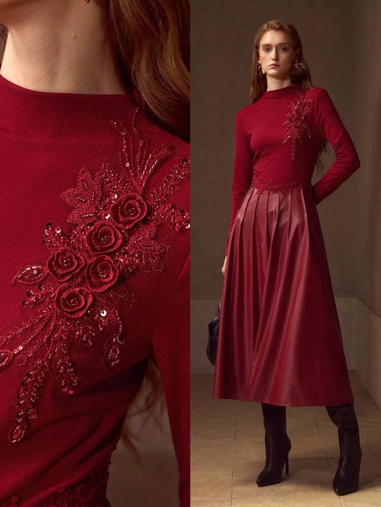 PU LEATHER PANEL FOLD PLEATED FLARE HEM APPLIQUES DRESS