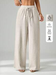 SHEIN PETITE Casual Extra Long Plain Wide Leg Pants For Women With Drawstring Waist And Apricot Finish Striped Linen Pants,Fall Clothes For Women Women Summer Pants Women Wide Leg Linen Pants