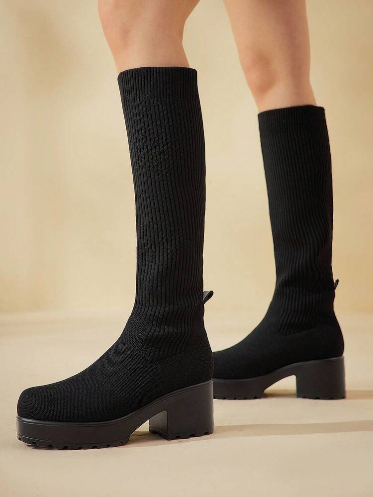 CUCCOO BASICS CUCCOO Fashion Versatile Black Chunky Heeled Over-The-Knee Boots