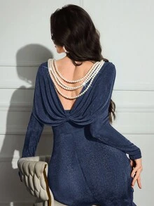 Modelyn Damen Langarm figurbetontes rückenfrei Kleid mit Schlitz, rundem Ausschnitt und Perlen, sexy