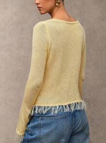 SHEIN BAE 女式休闲亮片装饰流苏下摆系带黄色开衫、秋季毛衣、啦啦队、可爱毛衣、女式毛衣、外出上衣、正式上衣、返校服、可爱上衣、毛衣、可爱、可爱毛衣 - 黃色 - 查看 3
