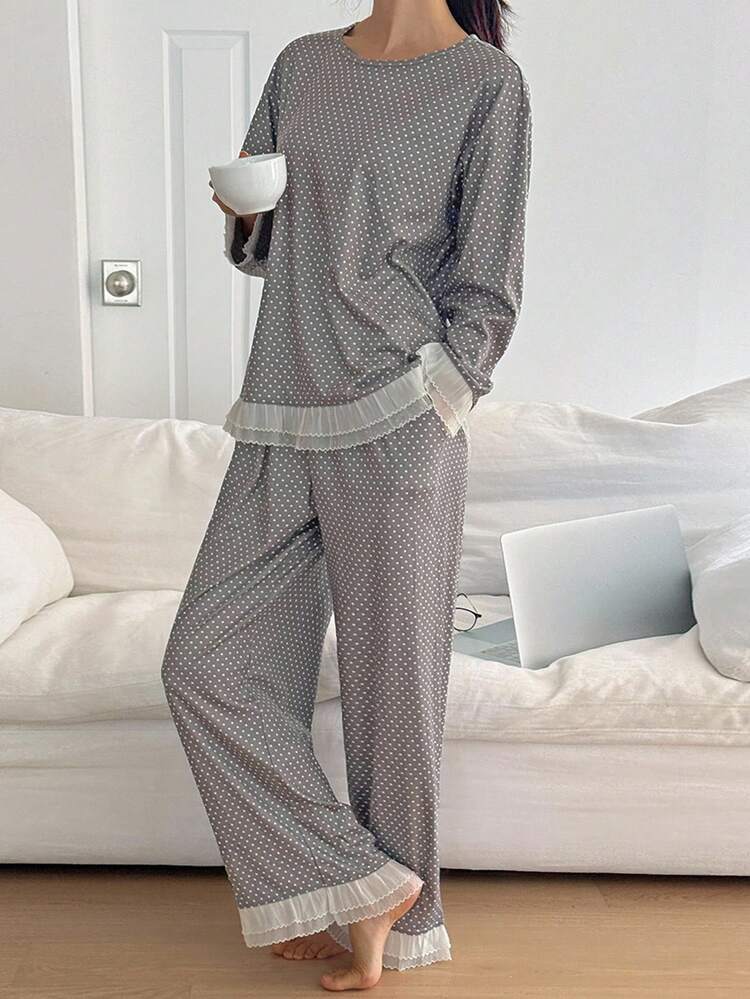 Polka Dot Allover Print Trim Patchwork Loose Women Pajama Set, Fall Clothes