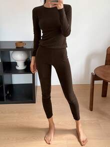 DAZY Conjunto de ropa de estar en casa de punto de unicolor y ajustado para mujer, ropa de invierno y otoño, pijama