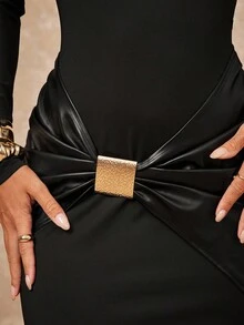 Lumalex 秋冬亮片扭结拼接金属装饰修身立领连衣裙,适合女士出席奢华舞会、聚会、宴会、低调奢华的节日派对、锐舞节、郊游、度假、户外度假等场合,层次丰富,适合婚礼季、宰牲节、新年、香槟晚礼服、香槟色晚礼服、女士礼服、香槟色奢华女装、金色女士礼服、舞会礼服、珠光装饰等场合。 - 黑色 - 查看 7