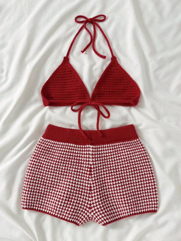 Women Solid Color Halter Knitted Top And Plaid Woolen Shorts Set - Red - View 2