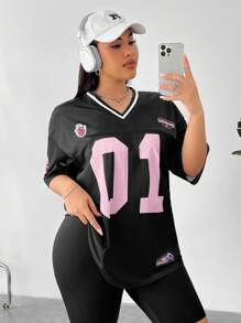 SHEIN EZwear 大码女式夏季至初秋休闲运动 T 恤，幸运数字 01 和加州字母印花，轻质面料拼接，V 领宽松长袖运动衫 - 彩色 - 查看 5