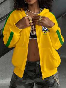 Rovax Women's Star Print Long Sleeve Zip Front Hooded Sweatshirt With Pockets Fall Cloth For Women - Mustard Yellow - View 3