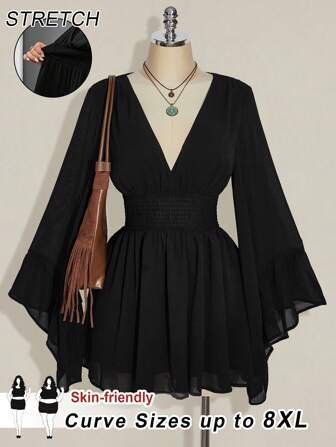 SHEIN CURVE+ 加大码 V 领褶皱 A 字形喇叭袖连衣裙，波西米亚风、嬉皮风、Y2K 风格，适合夏季、波西米亚风、暑假、音乐节、毕业典礼和返校服装，适合女士秋季服装、冬季服装、CURVE PLUS/秋冬