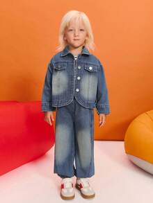 SHEIN Young Girl Casual Fashion Long Sleeve Single-Breasted Jacket And Jeans Pants Set Fall Winter - Blue - View 1