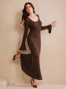 Anewsta Women's Black Long Sleeve Pearl Beaded Flare Sleeve Mermaid Hem Maxi Dress, Street Style, Elegant & Sophisticated - Brown - View 5