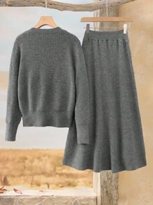 Rusticease Conjunto de 2 piezas de cárdigan con botones y falda casual, conjunto de 2 piezas de punto para otoño/invierno, conjunto de 2 piezas de falda y suéter para mujer, conjunto de punto gris para mujer - Gris - Ver 2