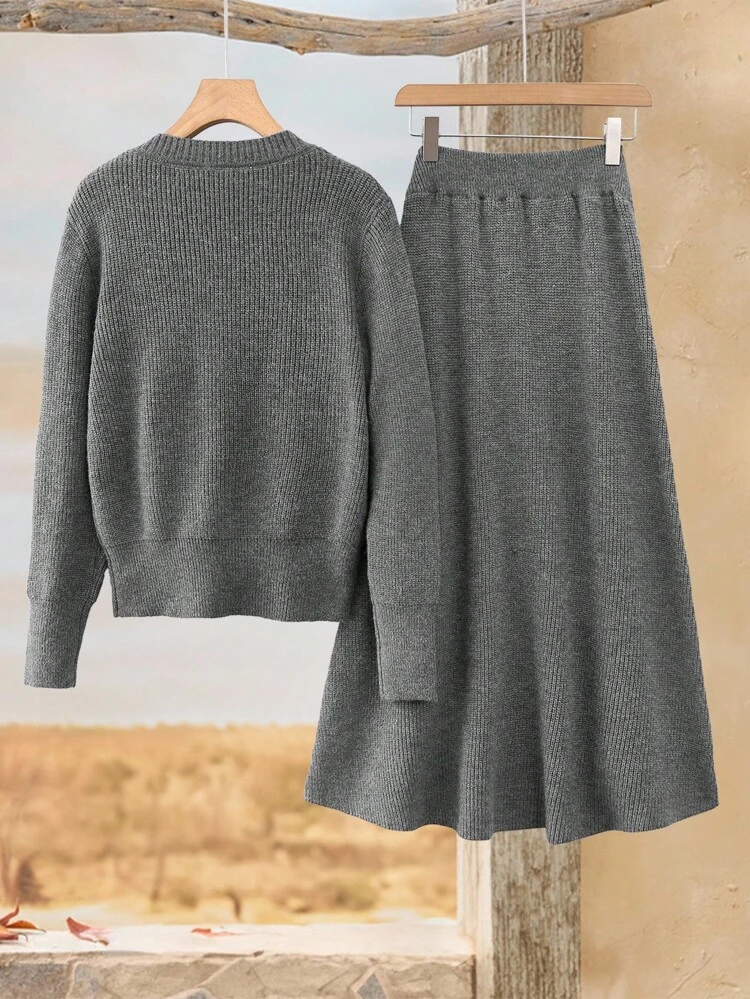 Women's Casual Button-Up Cardigan & Skirt 2 Pieces Set, Autumn/Winter Knit Two Pieces Set 2 Pieces Skirt Sets Women Sweater Sets For Women Grey Set Women Knit Set Fall Clothes For Women  Autumn Clothes  Autumn Women Women's Winter Sweater Women's Winter Clothes