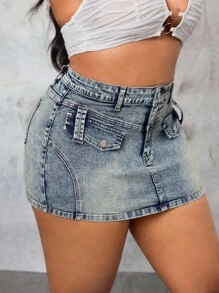 SHEIN Unity Plus Size Denim Sexy Hollow Waist Mini Skirt - Blue - View 6
