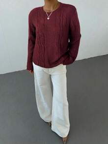 Aloruh Women's Solid Color Casual Pullover Sweater, Autumn/Winter,Fall - Burgundy - View 3