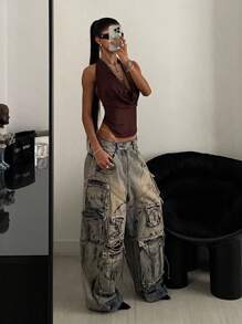 StreetHx Women's Coffee Brown Music Festival Draped Neck Streetwear Vacation Beach Party Sexy Camisole