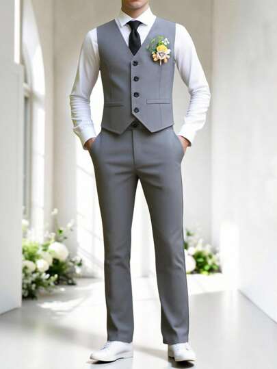 SHEIN 2pcs Tween Boy Spring/Summer Korean Style Slim Fit Wedding/Party/Piano Recital Host Suit. Loose Casual Asymmetrical Vest + Straight Leg Casual Pants, Made Of Linen-Like Soft Breathable Fabric, Wrinkle-Resistant, Stylish Fall Winter